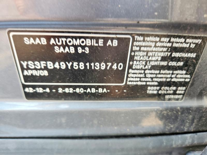 59006816 :رقم المزاد ، YS3FB49Y581139740 vin ، 2008 Saab 9-3 مزاد بيع