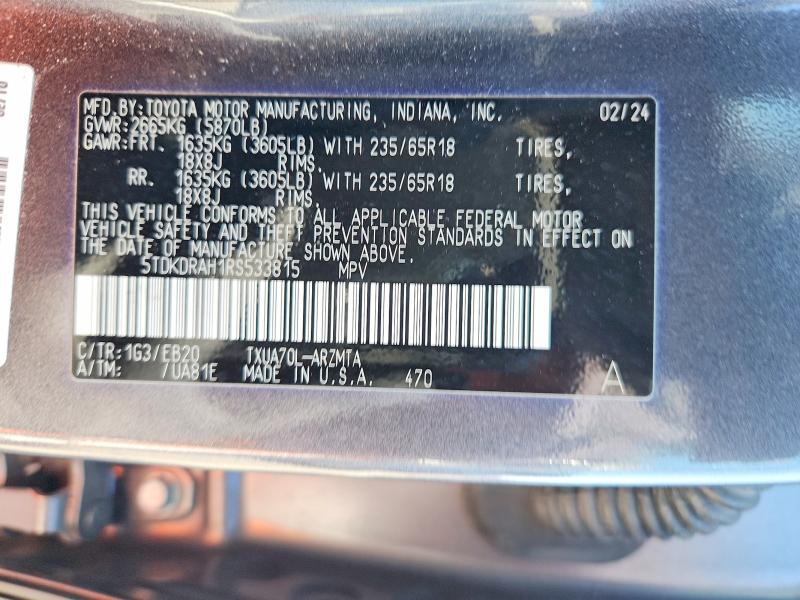 58936936 :رقم المزاد ، 5TDKDRAH1RS533815 vin ، 2024 Toyota Highlander مزاد بيع