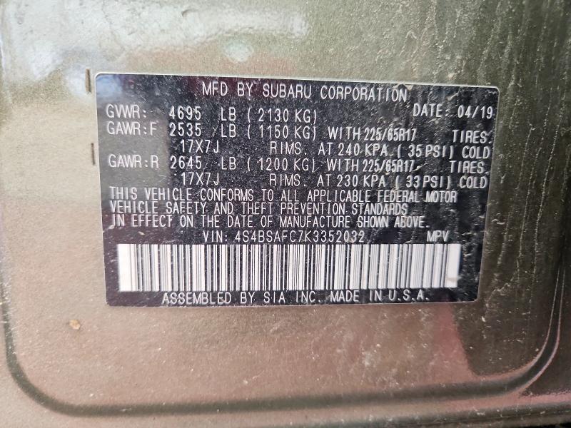 Aukcja sprzedaży 2019 Subaru Outback, vin: 4S4BSAFC7K3352032, numer aukcji: 55567106