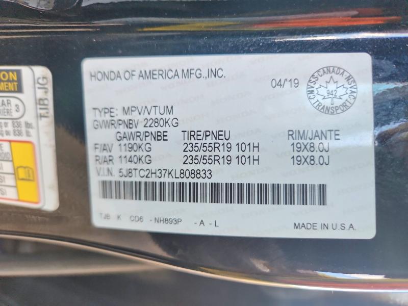 Auction sale of the 2019 Acura Rdx, vin: 5J8TC2H37KL808833, lot number: 56874086