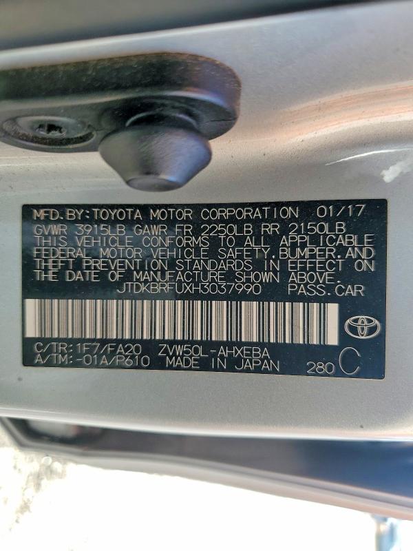 55896796 :رقم المزاد ، JTDKBRFUXH3037990 vin ، 2017 Toyota Prius مزاد بيع