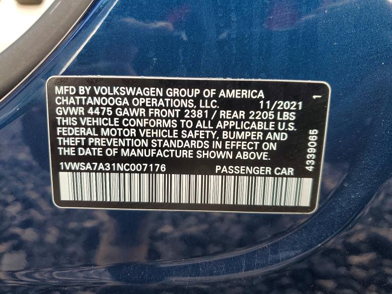 57466966 :رقم المزاد ، 1VWSA7A31NC007176 vin ، 2022 Volkswagen Passat مزاد بيع