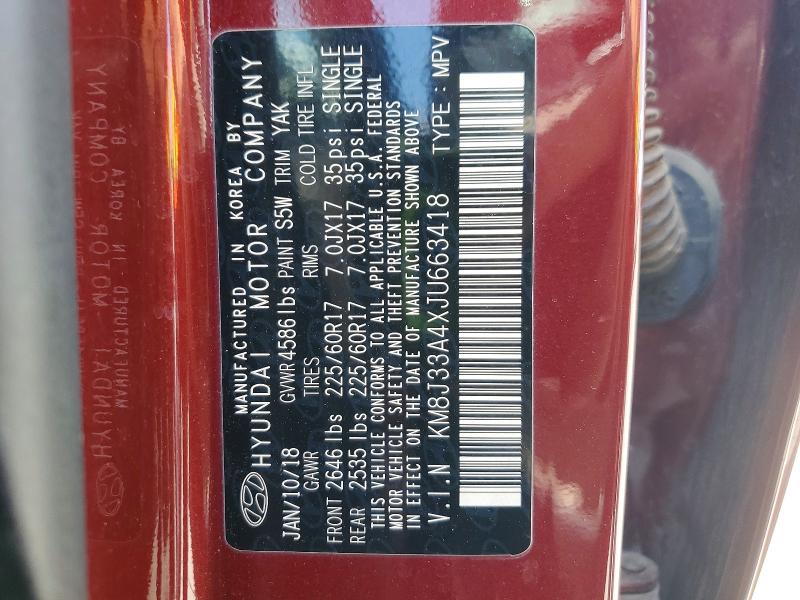57412716 :رقم المزاد ، KM8J33A4XJU663418 vin ، 2018 Hyundai Tucson مزاد بيع