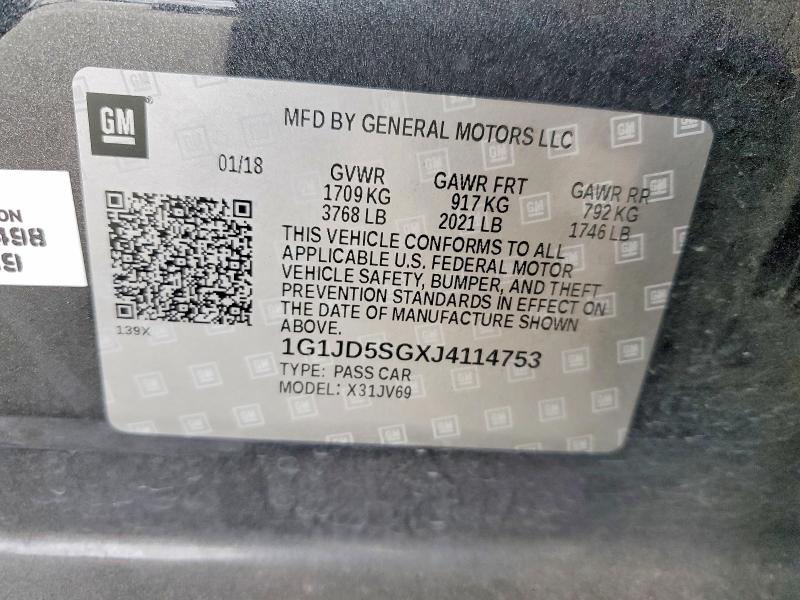 58954396 :رقم المزاد ، 1G1JD5SGXJ4114753 vin ، 2018 Chevrolet Sonic مزاد بيع