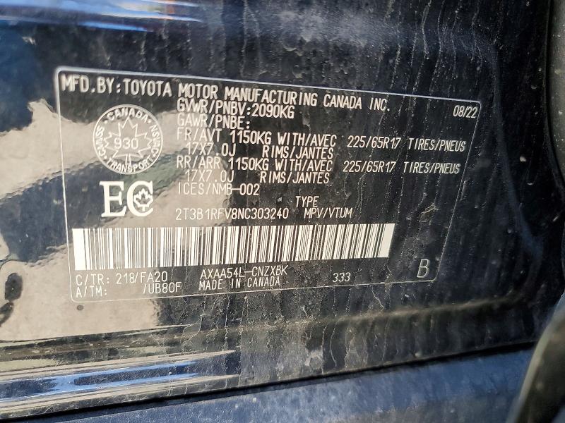 Aukcja sprzedaży 2022 Toyota Rav4, vin: 2T3B1RFV8NC303240, numer aukcji: 52262026