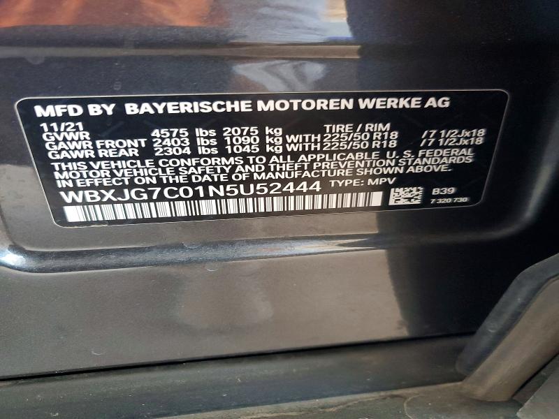 2022 Bmw X1 მანქანა იყიდება აუქციონზე, vin: WBXJG7C01N5U52444, აუქციონის ნომერი: 58935356