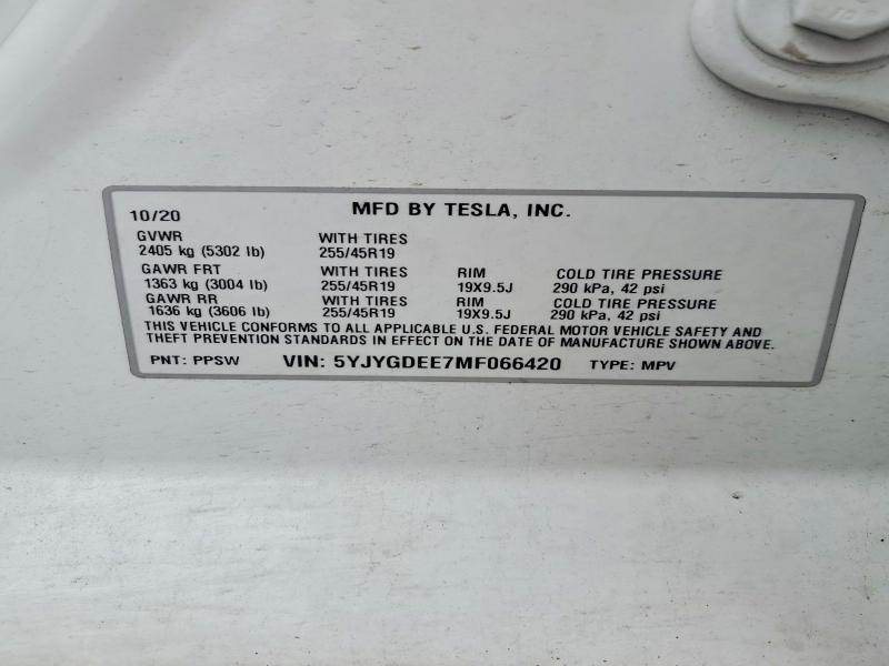 Aukcja sprzedaży 2021 Tesla Model Y, vin: 5YJYGDEE7MF066420, numer aukcji: 58425346