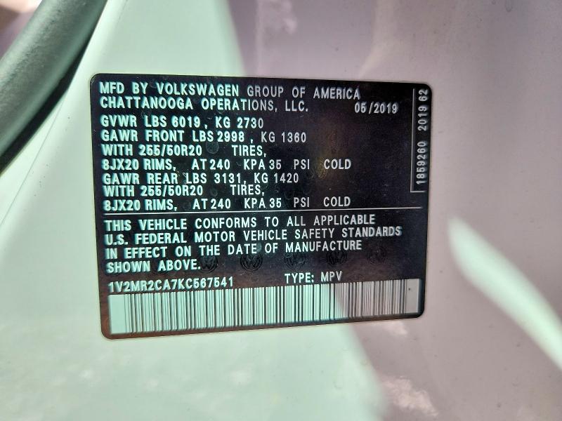 Продаж на аукціоні авто 2019 Volkswagen Atlas, vin: 1V2MR2CA7KC567541, номер лоту: 56587336