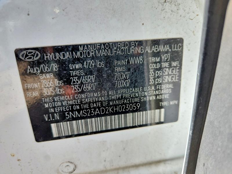 Aukcja sprzedaży 2019 Hyundai Santa Fe, vin: 5NMS23AD2KH023059, numer aukcji: 58323316
