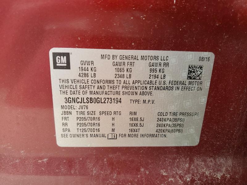 2016 Chevrolet Trax მანქანა იყიდება აუქციონზე, vin: 3GNCJLSB0GL273194, აუქციონის ნომერი: 55841326
