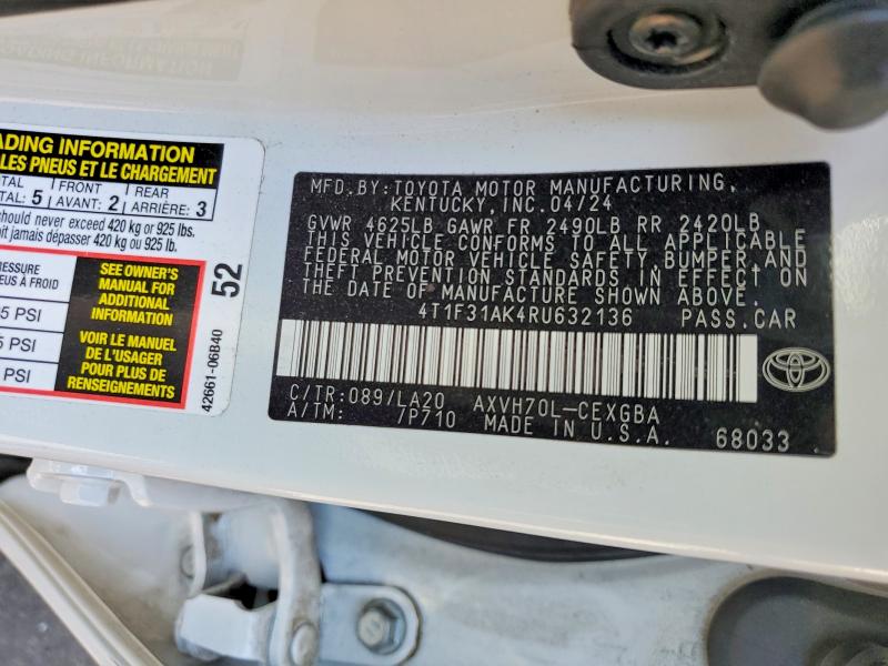 2024 Toyota Camry მანქანა იყიდება აუქციონზე, vin: 4T1F31AK4RU632136, აუქციონის ნომერი: 58145946