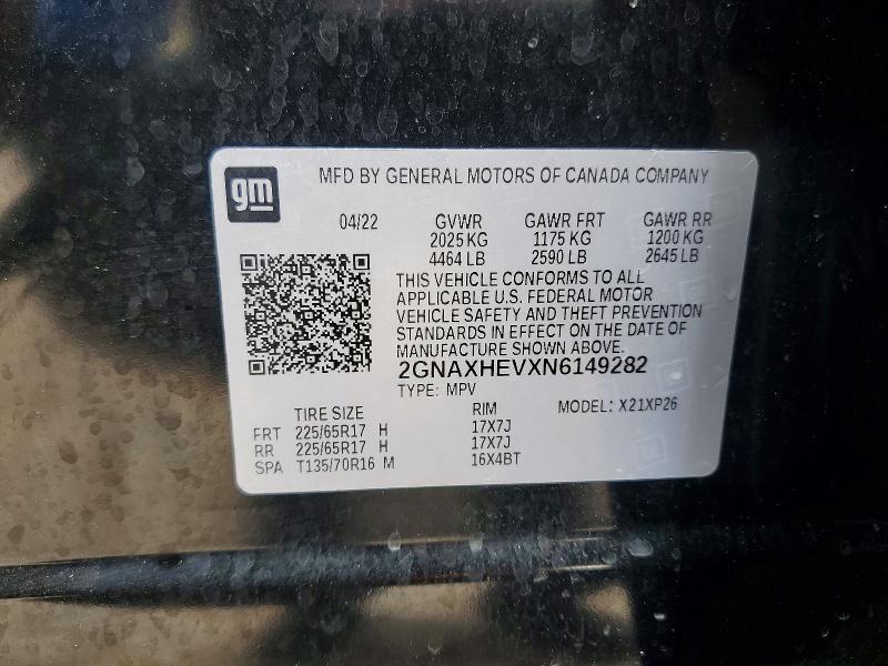 2022 Chevrolet Equinox მანქანა იყიდება აუქციონზე, vin: 2GNAXHEVXN6149282, აუქციონის ნომერი: 54161136