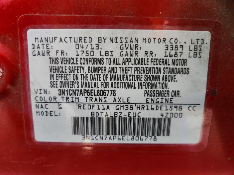 Продаж на аукціоні авто 2014 Nissan Versa, vin: 3N1CN7AP6EL806778, номер лоту: 56420766