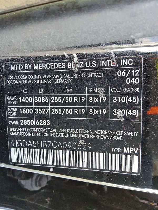Aukcja sprzedaży 2012 Mercedes-benz Ml, vin: 4JGDA5HB7CA090629, numer aukcji: 54282676