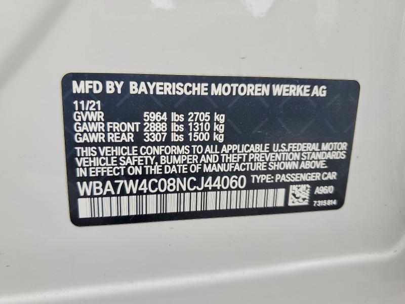 2022 Bmw 745xe მანქანა იყიდება აუქციონზე, vin: WBA7W4C08NCJ44060, აუქციონის ნომერი: 58454826