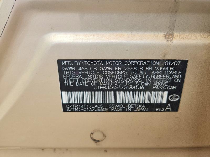 Продажа на аукционе авто 2007 Lexus Es, vin: JTHBJ46G372088136, номер лота: 58497546