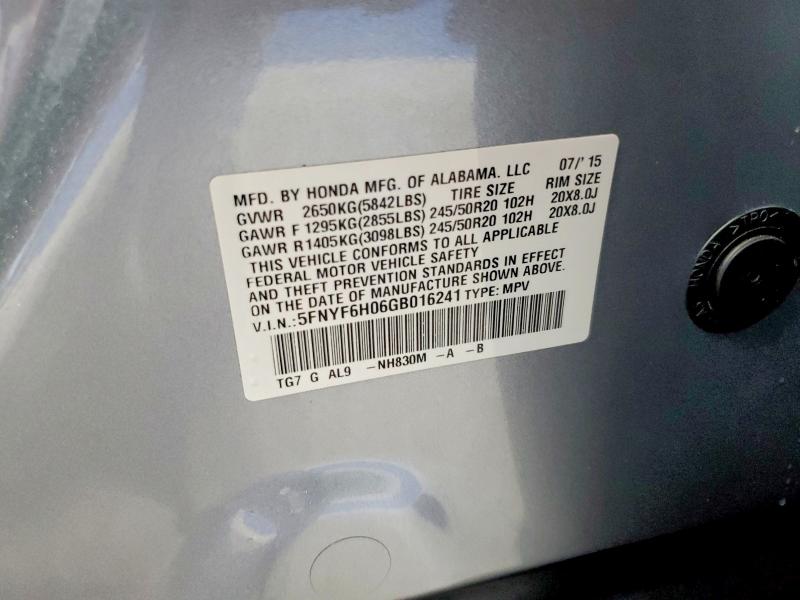 Продаж на аукціоні авто 2016 Honda Pilot, vin: 5FNYF6H06GB016241, номер лоту: 56316486