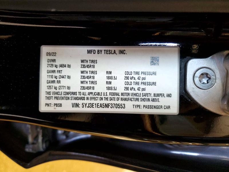 Продажа на аукционе авто 2022 Tesla Model 3, vin: 5YJ3E1EA5NF370553, номер лота: 55599746