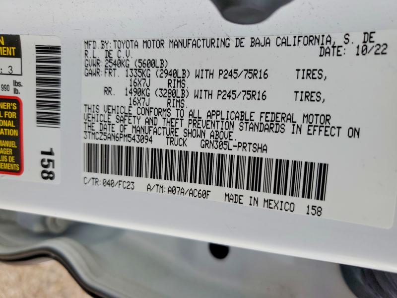 Продажа на аукционе авто 2023 Toyota Tacoma, vin: 3TMCZ5AN6PM543094, номер лота: 55782436