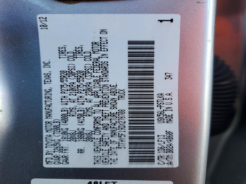 57892516 :رقم المزاد ، 5TFHY5F19DX278708 vin ، 2013 Toyota Tundra مزاد بيع