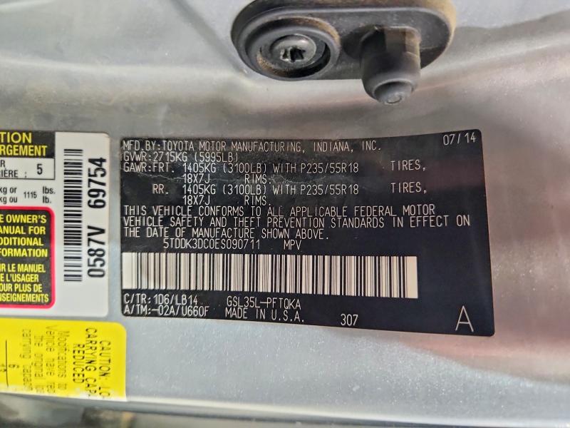 58784856 :رقم المزاد ، 5TDDK3DC0ES090711 vin ، 2014 Toyota Sienna مزاد بيع