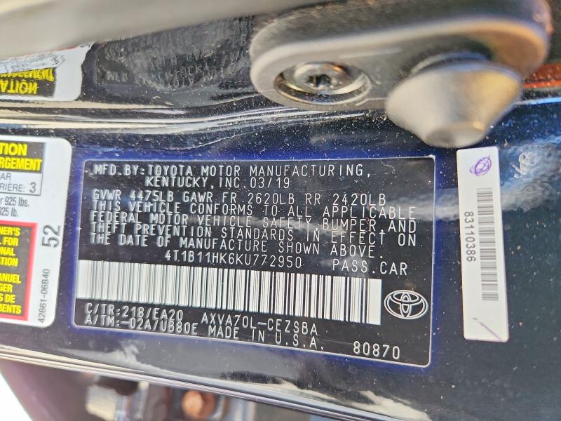 2019 Toyota Camry მანქანა იყიდება აუქციონზე, vin: 4T1B11HK6KU772950, აუქციონის ნომერი: 56786916