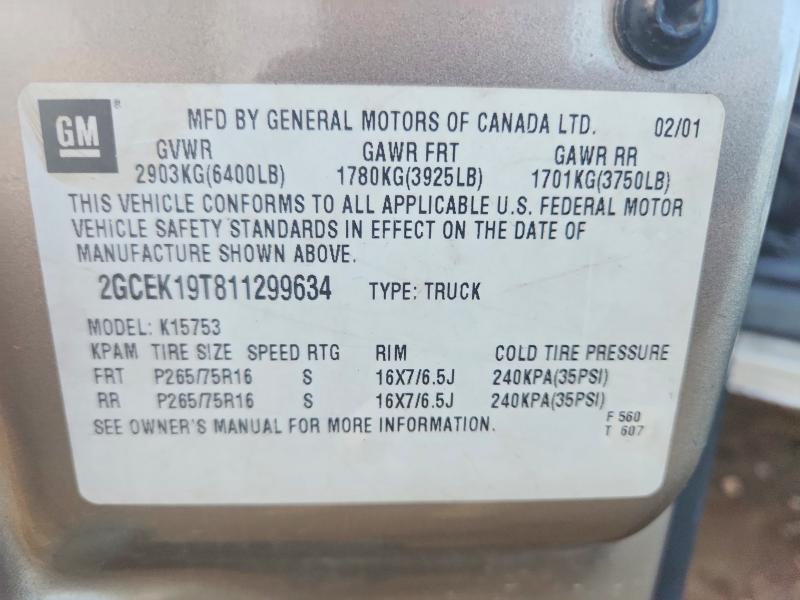 2001 Chevrolet Silverado მანქანა იყიდება აუქციონზე, vin: 2GCEK19T811299634, აუქციონის ნომერი: 57369546