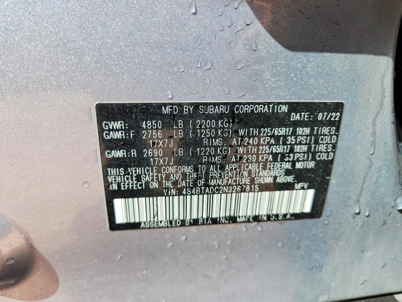 57815286 :رقم المزاد ، 4S4BTADC2N3267815 vin ، 2022 Subaru Outback مزاد بيع
