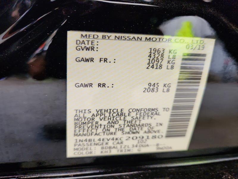 57518726 :رقم المزاد ، 1N4BL4EV4KC209180 vin ، 2019 Nissan Altima مزاد بيع