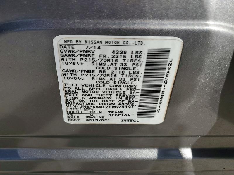 Aukcja sprzedaży 2014 Nissan Rogue Select, vin: JN8AS5MT7EW620191, numer aukcji: 57960436