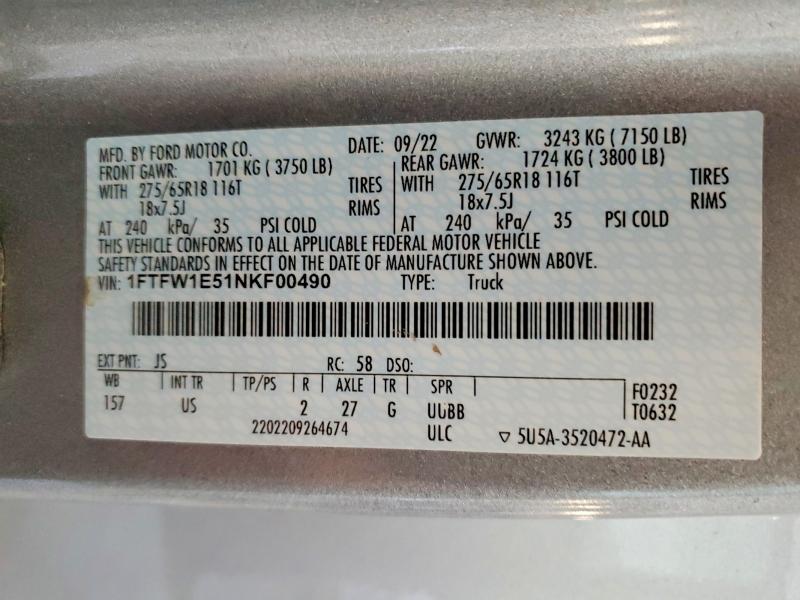 Продаж на аукціоні авто 2022 Ford F150, vin: 1FTFW1E51NKF00490, номер лоту: 58059516