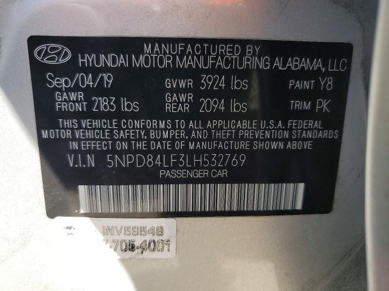55847436 :رقم المزاد ، 5NPD84LF3LH532769 vin ، 2020 Hyundai Elantra مزاد بيع