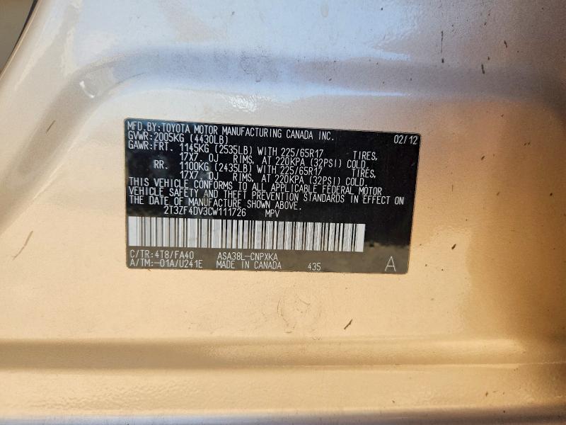 Продаж на аукціоні авто 2012 Toyota Rav4, vin: 2T3ZF4DV3CW111726, номер лоту: 57702496