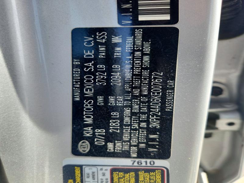 2019 Kia Forte მანქანა იყიდება აუქციონზე, vin: 3KPF24AD6KE007672, აუქციონის ნომერი: 58970096