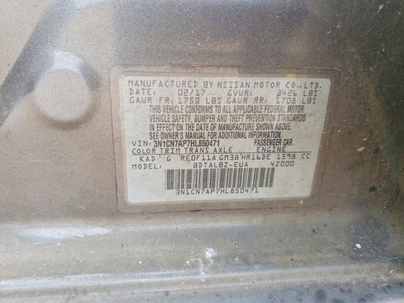 57875006 :رقم المزاد ، 3N1CN7AP7HL850471 vin ، 2017 Nissan Versa مزاد بيع