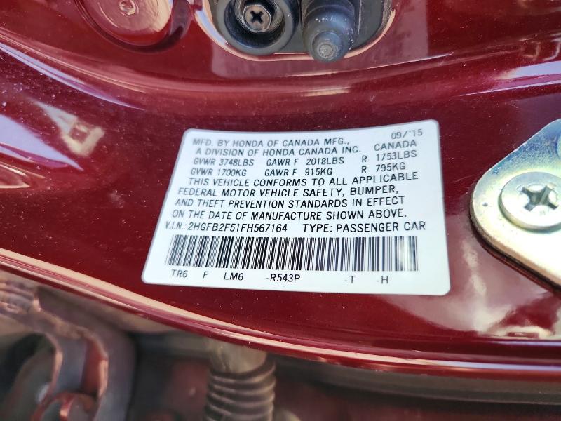 56712416 :رقم المزاد ، 2HGFB2F51FH567164 vin ، 2015 Honda Civic مزاد بيع