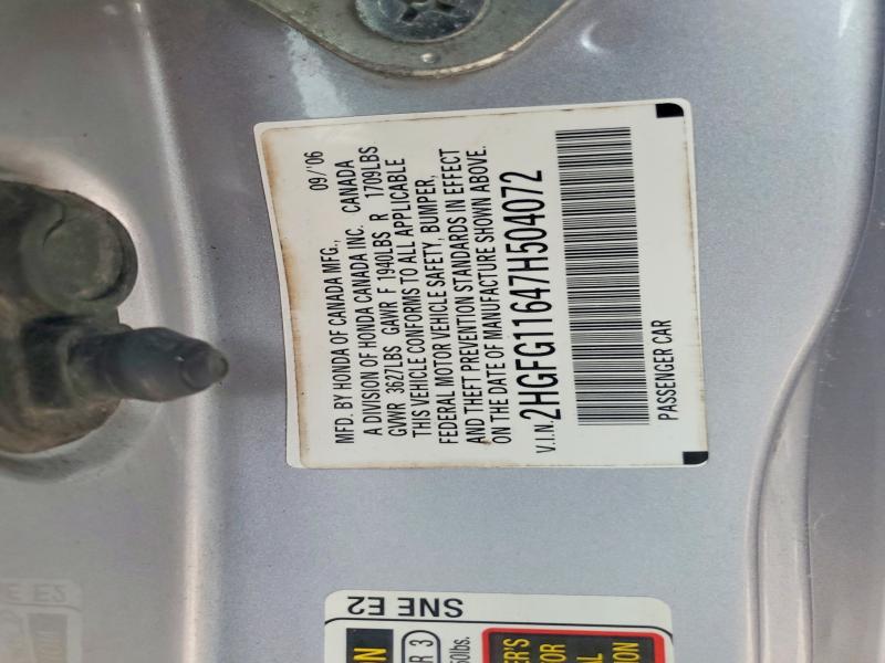 2007 Honda Civic მანქანა იყიდება აუქციონზე, vin: 2HGFG11647H504072, აუქციონის ნომერი: 57692816