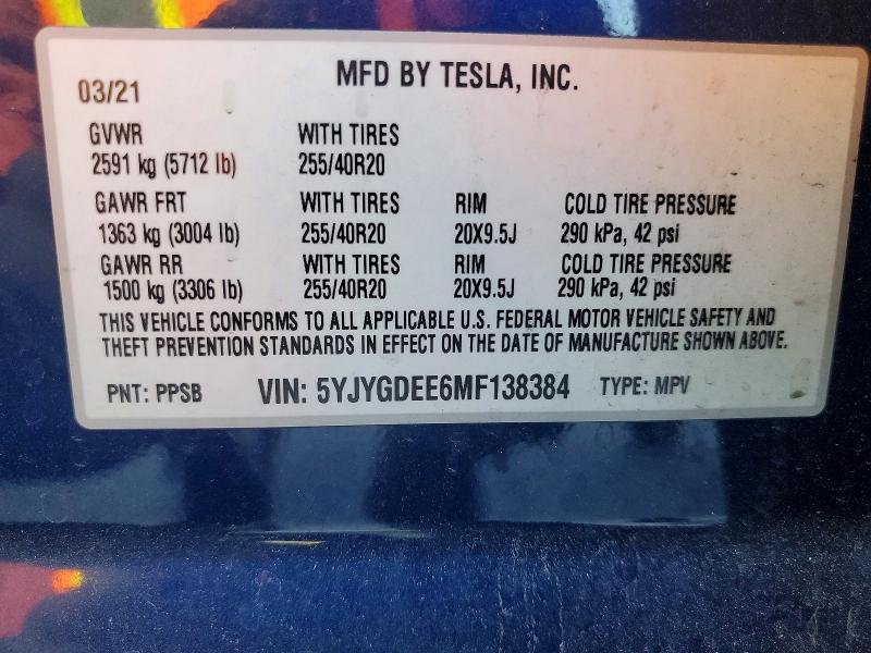 Aukcja sprzedaży 2021 Tesla Model Y, vin: 5YJYGDEE6MF138384, numer aukcji: 57070496