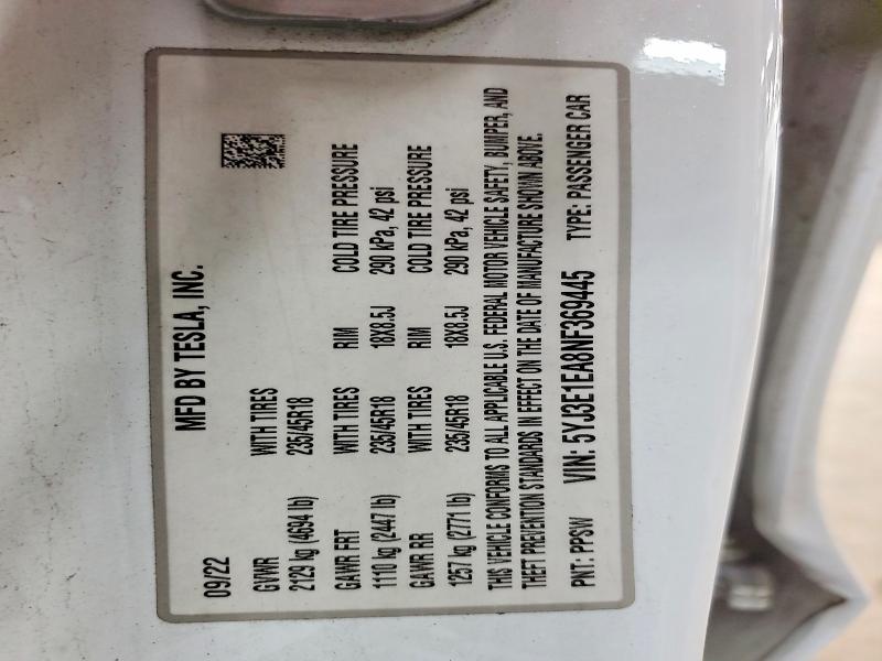 Продажа на аукционе авто 2022 Tesla Model 3, vin: 5YJ3E1EA8NF369445, номер лота: 58423536