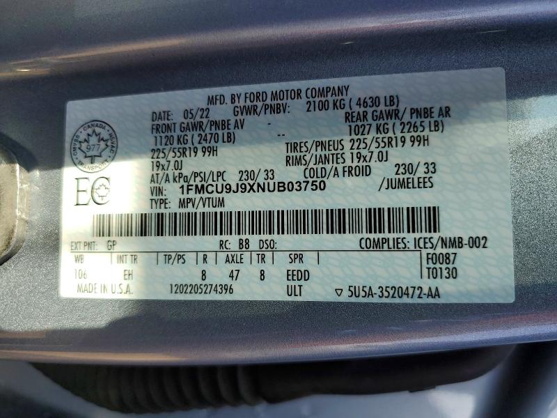 58957556 :رقم المزاد ، 1FMCU9J9XNUB03750 vin ، 2022 Ford Escape مزاد بيع