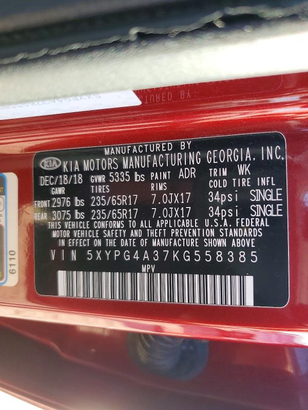 Aukcja sprzedaży 2019 Kia Sorento, vin: 5XYPG4A37KG558385, numer aukcji: 55588356