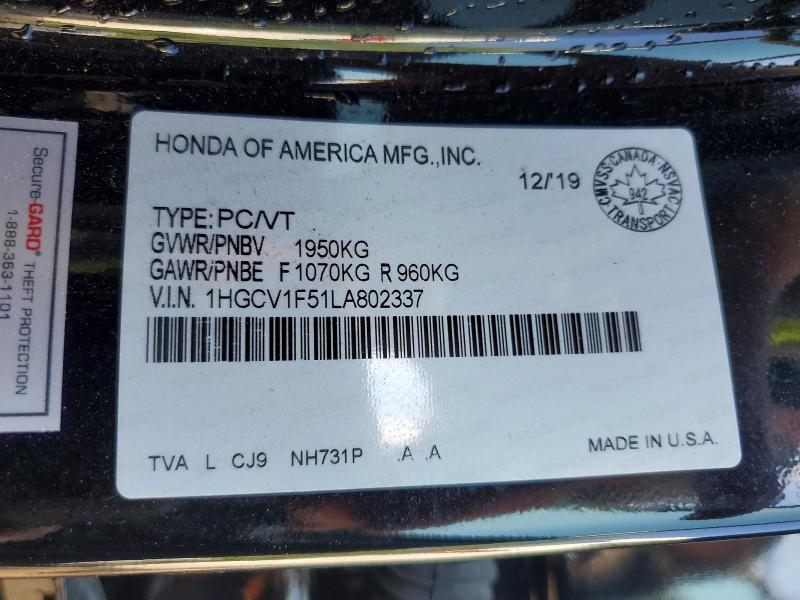 Aukcja sprzedaży 2020 Honda Accord, vin: 1HGCV1F51LA802337, numer aukcji: 57610946