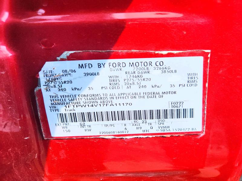2007 Ford F150 მანქანა იყიდება აუქციონზე, vin: 1FTPW14V17FA11170, აუქციონის ნომერი: 58433966