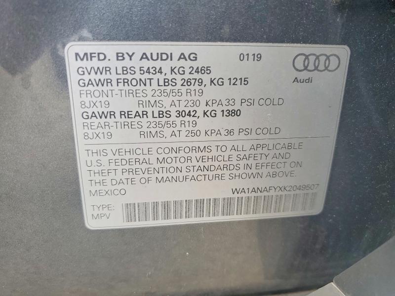 57955056 :رقم المزاد ، WA1ANAFYXK2049507 vin ، 2019 Audi Q5 مزاد بيع
