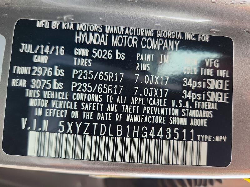 55838596 :رقم المزاد ، 5XYZTDLB1HG443511 vin ، 2017 Hyundai Santa Fe Sport مزاد بيع