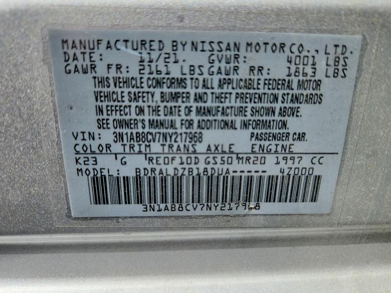 2022 Nissan Sentra მანქანა იყიდება აუქციონზე, vin: 3N1AB8CV7NY217968, აუქციონის ნომერი: 56090276
