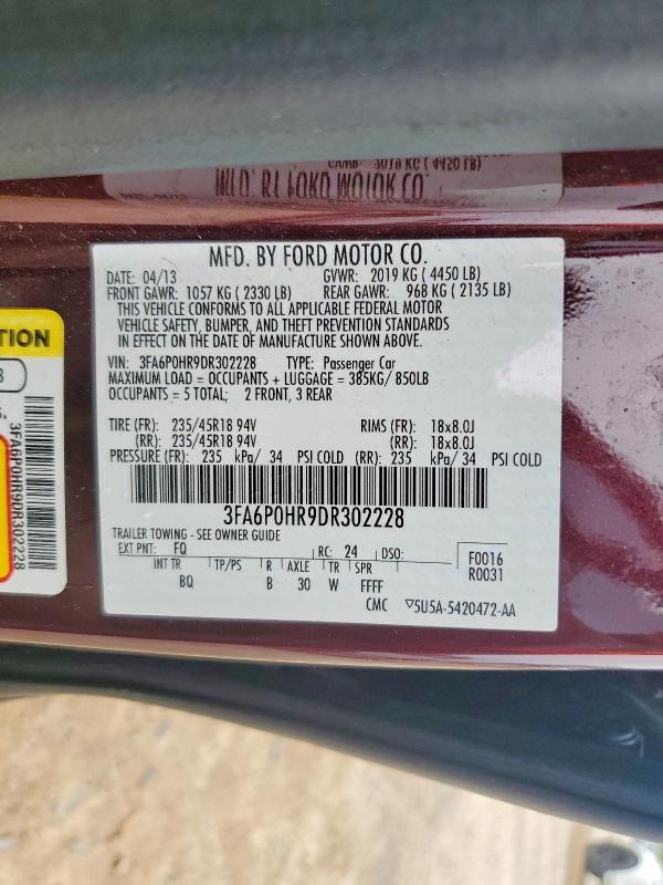 2013 Ford Fusion მანქანა იყიდება აუქციონზე, vin: 3FA6P0HR9DR302228, აუქციონის ნომერი: 56715766