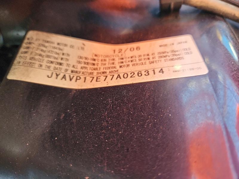 Aukcja sprzedaży 2007 Yamaha Xv1700, vin: JYAVP17E77A026314, numer aukcji: 58180626