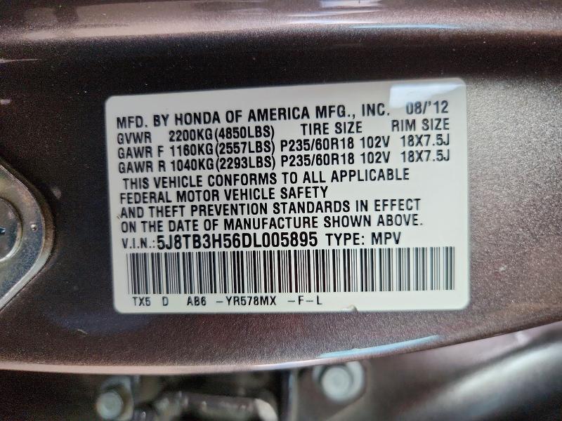 58966416 :رقم المزاد ، 5J8TB3H56DL005895 vin ، 2013 Acura Rdx مزاد بيع