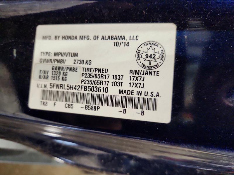 Aukcja sprzedaży 2015 Honda Odyssey, vin: 5FNRL5H42FB503610, numer aukcji: 55319166